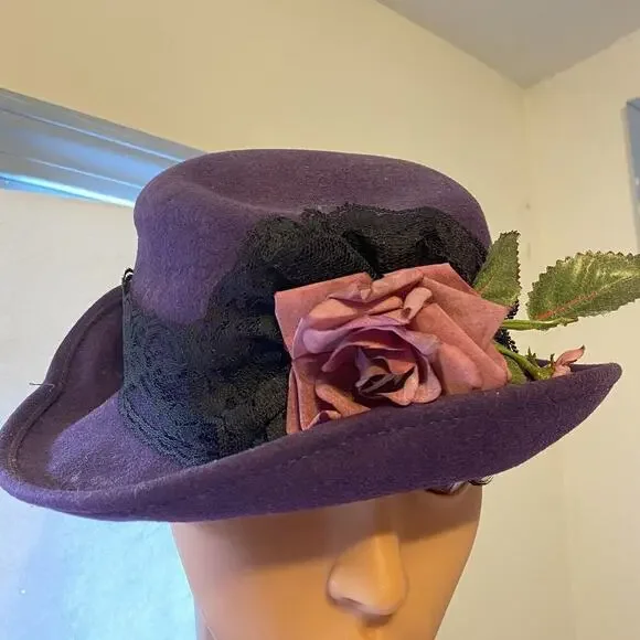 Vintage 70s Women Hat 100% Wool Purple Rose Black Lace Royal Core Gothic Grunge - Picture 1 of 11